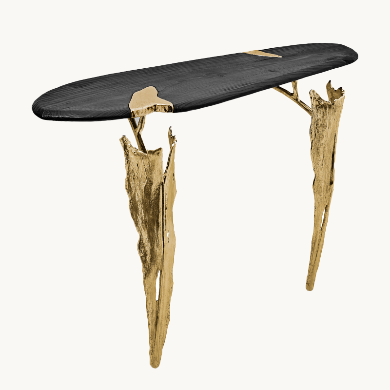 Folia Console — brass and wood, side view, Maeve — House of Khatt